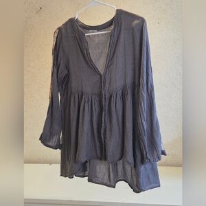 Women's Gray And White Maternity Checked Button Up Floral Sleeve Size L